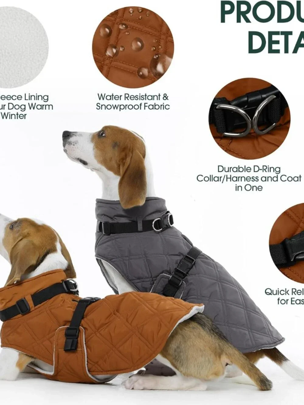 Kuoser Dog Coat Warm Fleece Lining Turtleneck Dog Jacket with Harness Built-in
